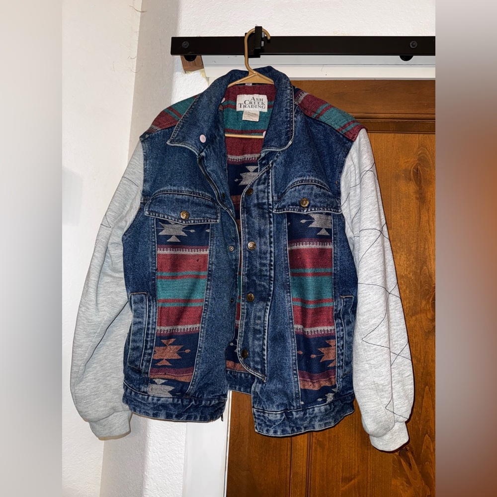 VTG Aztec Denim Varsity Jacket Large Southwestern Blanket Lined 90's Western